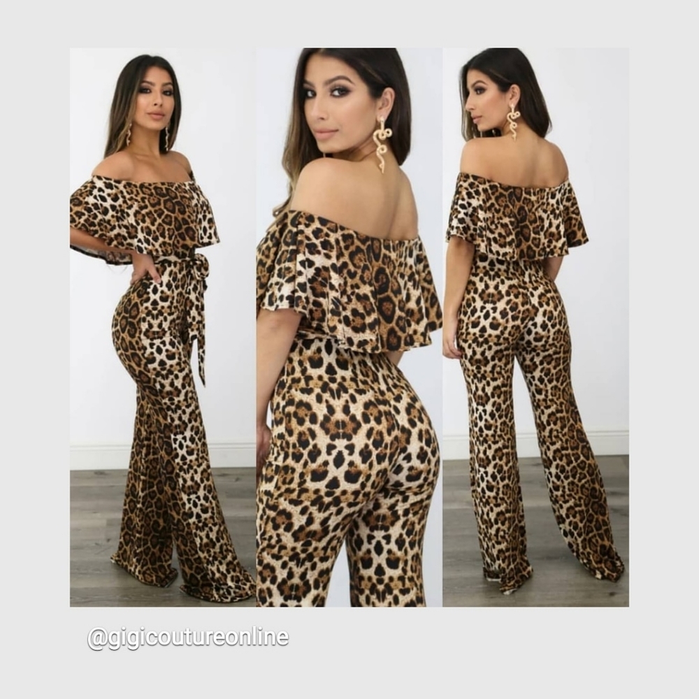 Leopard off shoulder jumpsuit